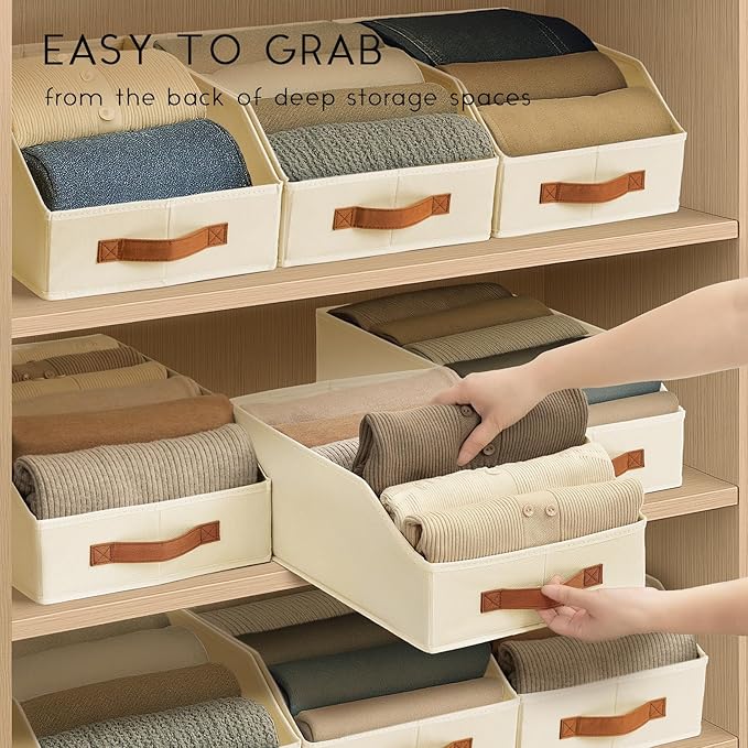 Homsorout Fabric Storage Bins for Organizing - 10 Pack Large Trapezoid Collapsible Storage Bins with Front Handle, Closet Organizers and Storage for Bedroom, Home Shelves, Small Spaces, Beige - Image 7