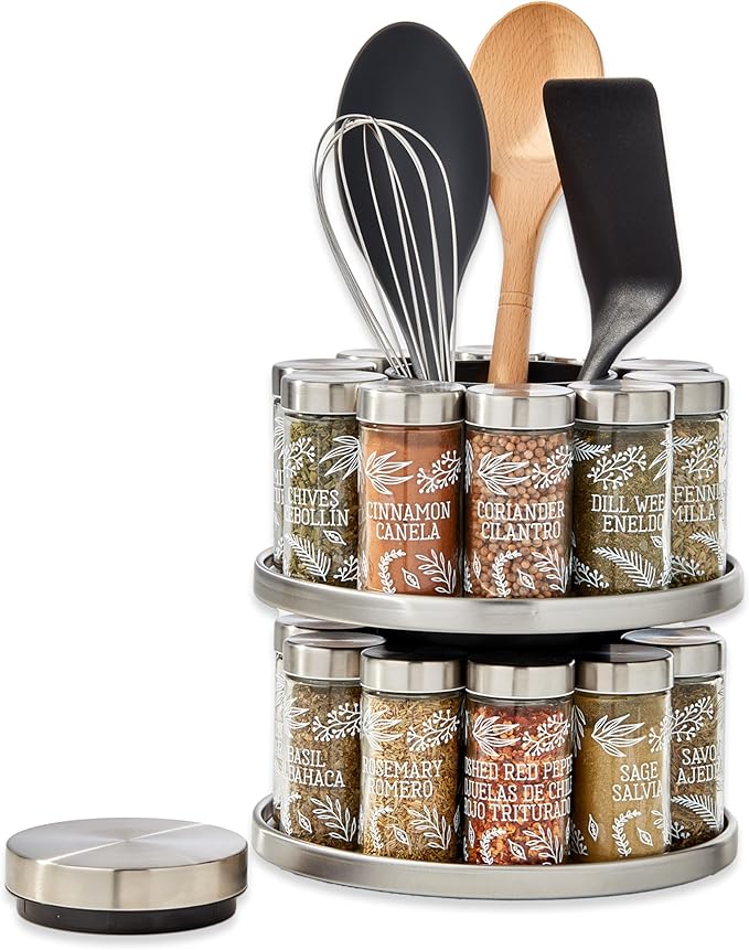 Kamenstein 20 Jar Revolving Spice Rack with Integrated Tool Caddy, Brushed Stainless Steel with Stainless Steel Caps - Image 3