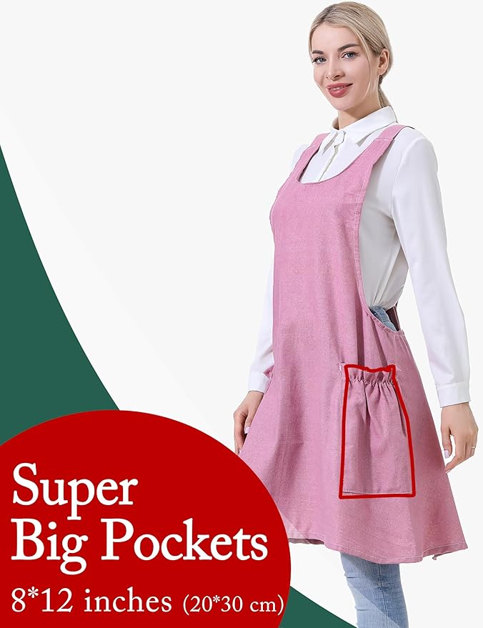 Cozy Adjustable Cross Back Aprons for Women with Pockets Cotton Linen Cooking Kitchen Baking