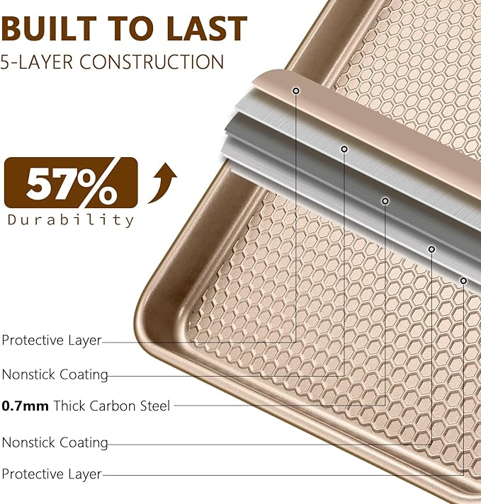 Wildone Baking Sheet Pan Set, Honeycomb Embossed Nonstick Baking Sheet 15x10 In, Thicker Carbon Steel Cookie Sheet, Even Heating Jelly Roll Pan, Champagne Gold, 2 Pack - Image 3