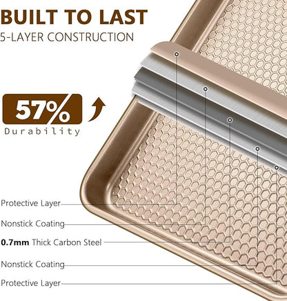 Wildone Baking Sheet Pan Set, Honeycomb Embossed Nonstick Baking Sheet 15x10 In, Thicker Carbon Steel Cookie Sheet, Even Heating Jelly Roll Pan, Champagne Gold, 2 Pack - Image 3