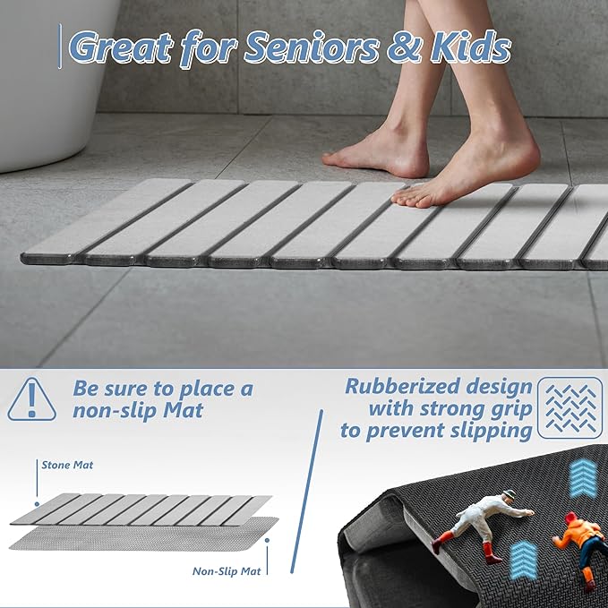 AWW Foldable Stone Bath Mat, Quick Dry Diatomaceous Earth Bath Mat with Non-Slip Mat, Super Absorbent, Easy to Clean, Compact for Small Bathrooms, 23.6 x 15.5, Light Grey - Image 3