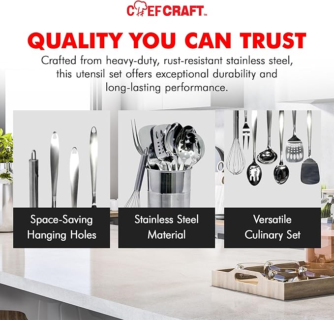Chef Craft - 8 Piece Stainless Steel Kitchen Utensils Set with Utensil Holder - Image 6