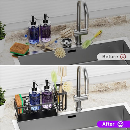MASADI Kitchen Sink Caddy with Dish Soap Dispenser Set, 12OZ Glass Bottle, Hand and Dish Soap Dispenser Set, Non-Slip Silicone Pad, Brush Holder, Kitchen Sink Organizer Countertop (Black+Clear) - Image 5