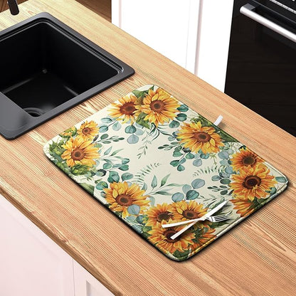 Sunflowers Dish Drying Mat for Kitchen Counter Yellow Flower Green Leaves Dish Draining Mats Spring Summer Floral Dishes Pad Microfiber Absorbent Dish Drainer Rack Mat Extra Large 18x24 Inch - Image 6