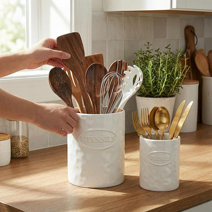 White Utensil Holder Set of 2 Ceramic Cooking Utensil Crock Modern Kitchen Utensil Organizer for Countertop Spatula Spoon and as a Decorative Vase for Housewarming Gift - Image 4