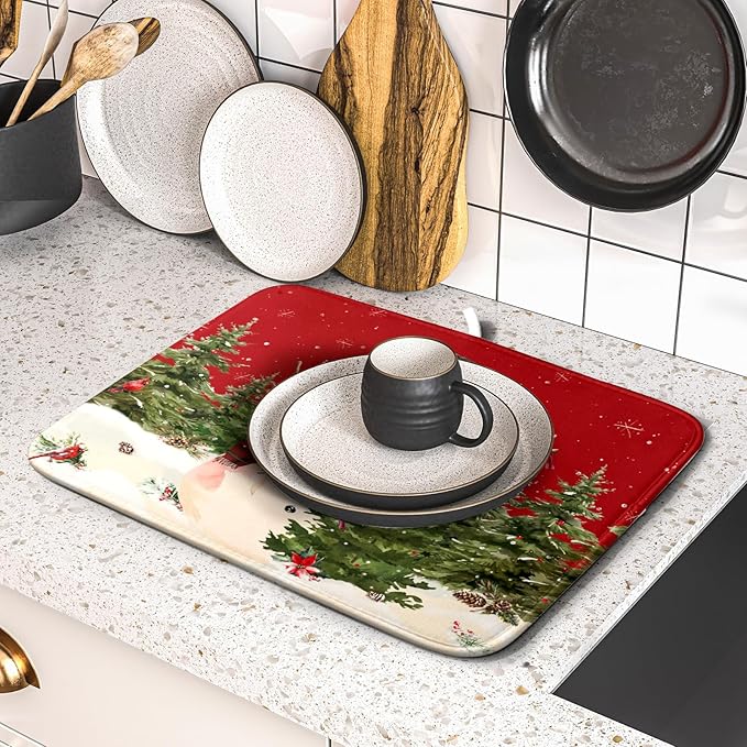 Christmas Snowman Dish Drying Mat for Kitchen Counter 16x18 Inch Watercolor Xmas Tree Bird Print Absorbent Reversible Microfiber Drying Mats Kitchen Countertop Protector Dishes Drainer Rack Pad - Image 5