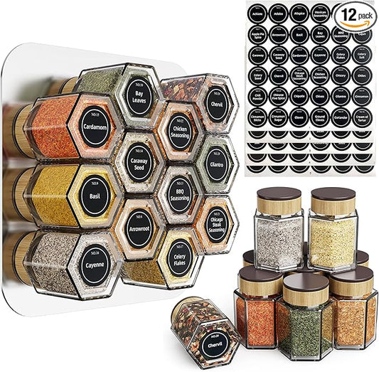 vetacsion set of 12 magnetic glass spice tins with 180 seasoning label stickers by HOMESTORAGE