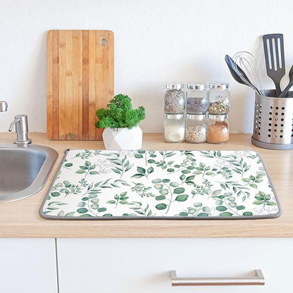 Zonon Dish Drying Mat for Kitchen Counter 16 x 24 Microfiber Absorbent Dish Drainer Rack Pads Fast Dry Mat Vintage Kitchen Decorations(Green,16" X 24",Eucalyptus Leaves) - Image 3