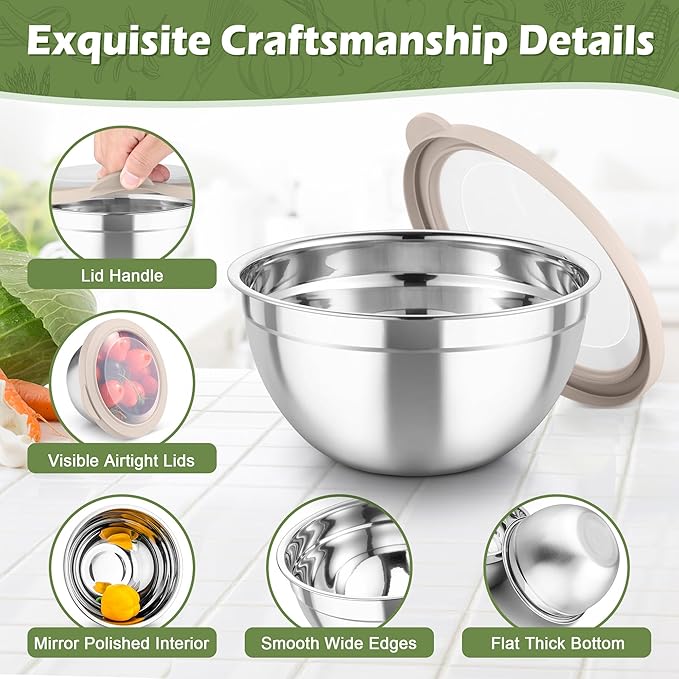 TeamFar Mixing Bowls, 3PCS Stainless Steel Serving Salad Bowls with Lids & 3 Graters, For Kitchen Mixing/Baking/Storing/Prepping, Visible & Airtight, Easy Clean - 4.5/3 / 1.5 QT, Khaki - Image 5