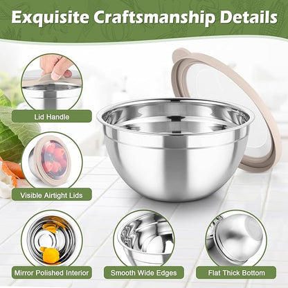 TeamFar Mixing Bowls, 3PCS Stainless Steel Serving Salad Bowls with Lids & 3 Graters, For Kitchen Mixing/Baking/Storing/Prepping, Visible & Airtight, Easy Clean - 4.5/3 / 1.5 QT, Khaki - Image 5