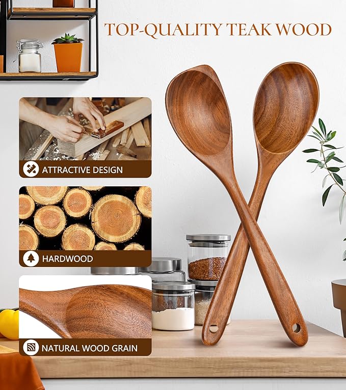 2Pcs Wooden Spoons for Cooking, Natural Premium Teak Wood Spoon & Corner Spoon, Good Grip Large Cooking Spoons Spatula, Heat Resistant Wooden Kitchen Cooking Utensils Set for Nonstick Cookware - Image 2