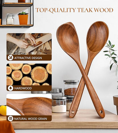 2Pcs Wooden Spoons for Cooking, Natural Premium Teak Wood Spoon & Corner Spoon, Good Grip Large Cooking Spoons Spatula, Heat Resistant Wooden Kitchen Cooking Utensils Set for Nonstick Cookware - Image 2