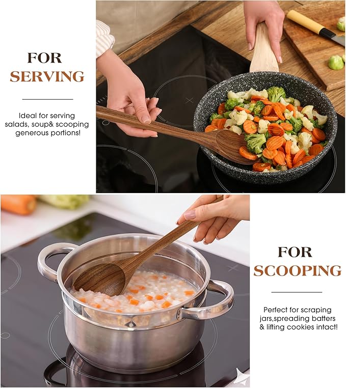2PCS Wooden Spoons for Cooking, Natural Acacia Wood Cooking Spoons, Large Serving Spoons for Nonstick Cookware, Heat Resistant Durable Wooden Kitchen Utensils for Mixing Salad, Serving and Stirring - Image 7