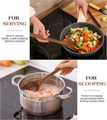 2PCS Wooden Spoons for Cooking, Natural Acacia Wood Cooking Spoons, Large Serving Spoons for Nonstick Cookware, Heat Resistant Durable Wooden Kitchen Utensils for Mixing Salad, Serving and Stirring - Image 7