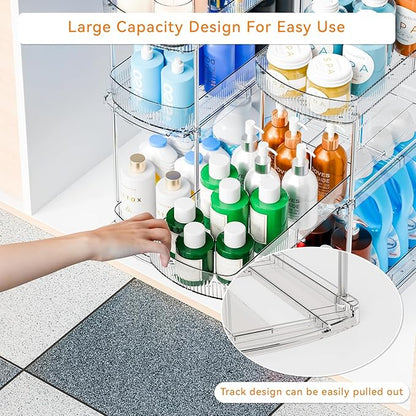 2 Pack 3 Tier Large Pull Out Bathroom Organizers and Storage,13.8″ Deep Sliding Kitchen Under Sink Organizer for Cleaning Products Storage,Acrylic Clear Bathroom inder Sink Organizer,Undersink Storage