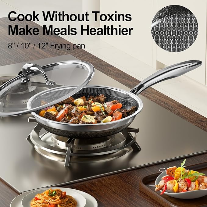 FogDream 10" 11" Stainless Steel Frying Pan with Lid, Honeycomb Hybrid Nonstick Skillet for Induction & All Cooktops, PFAS/PFOA/PTFE Free, Oven Safe to 500°F, Stay-Cool Handle, Dishwasher Safe, Silver - Image 3
