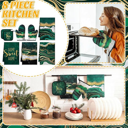 Leinuosen 8 Pcs Kitchen Towels and Dishcloths Sets Oven Mitts and Pot Holders Sets Absorbent Kitchen Gloves Potholders Heat Resistant for Chef Baking Cooking (Green,Marble)
