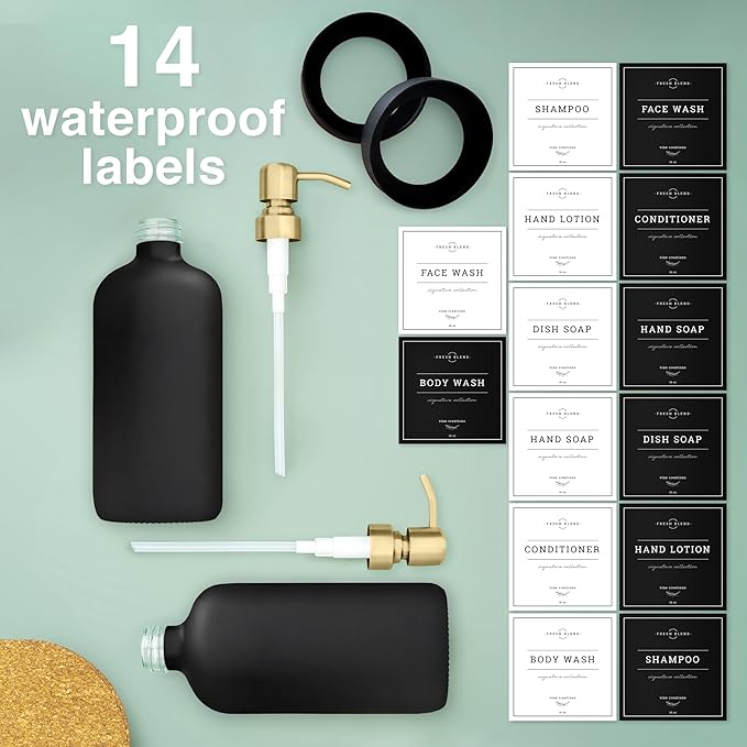 Vine Creations Black Glass Soap Dispenser, 2 Pack Kitchen Soap Dispenser Set with Stainless Steel Pump, 16 oz Dish Soap and Hand Soap Dispensers for Bathroom with Waterproof Labels - Image 5
