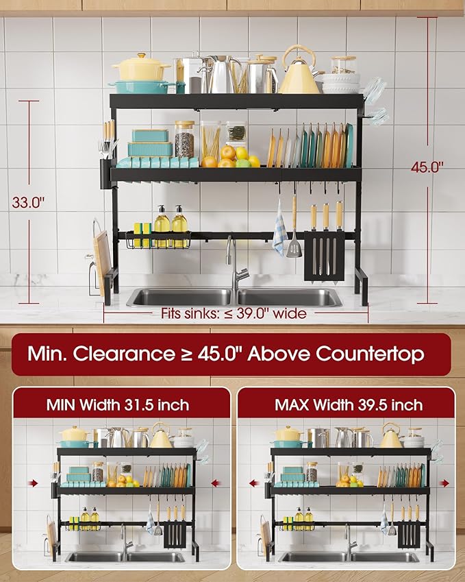 Sakugi Over The Sink Dish Drying Rack, Expandable 3-Tier Stainless Steel Kitchen Storage Organization Accessories for Countertop, Rustproof & Space-Saving, 31.5"–39.5" L x 12" W x 33" H, Black - Image 3