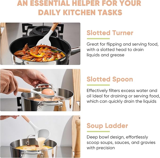 Herogo 5-Piece Cooking Utensils Set, Silicone Kitchen Utensils Set with Wooden Handle, Heat Resistant Cooking Tools Slotted Turner, Spoon, Soup Ladle, Spatula, Spoonula for Nonstick Cookware, White - Image 4