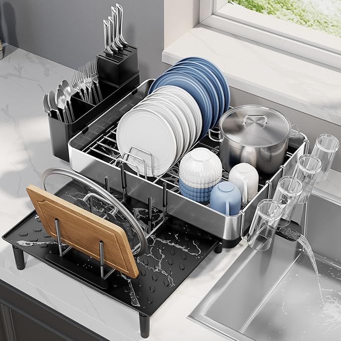 Urackify Dish Drying Rack for Kitchen Counter - Stainless Steel Dish Drainer with Drain Board, Removable Utensil Holder, Rust-Proof Plate, Non-Slip Feet, Large Capacity for 10 Plates 6 Bowls 4 Cups - Image 7
