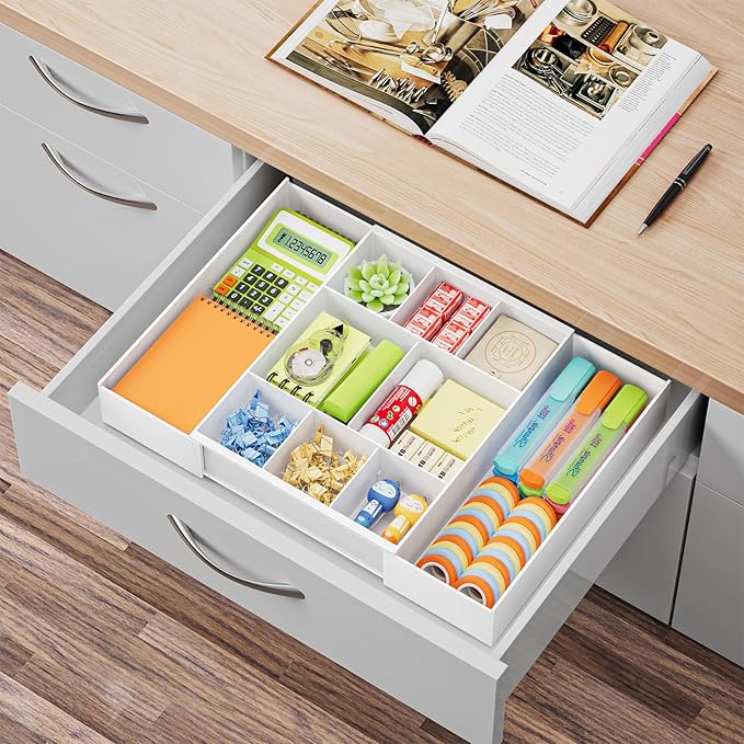 Marbrasse Expandable Desk Drawer Organizer, Clear Plastic Drawer Organizer Tray with 10 Adjustable Compartments, Desk Organizers and Accessories, 5 Drawer Dividers for Office Supplies, Makeup(White) - Image 8