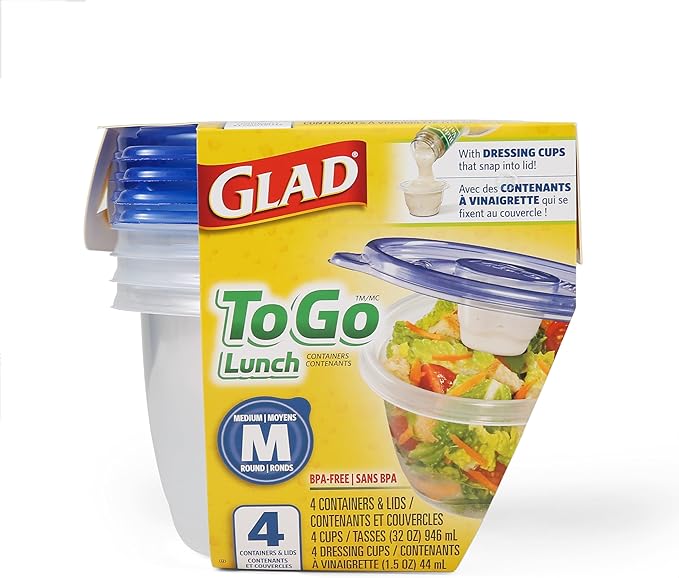 Glad GladWare To Go Lunch Food Storage Containers with Lids, Medium Round BPA Free Plastic with Built-In Dressing Cup for Salads and Lunches, Microwave Dishwasher Safe, 32 Oz, 4 Count - 6 Pack - Image 2