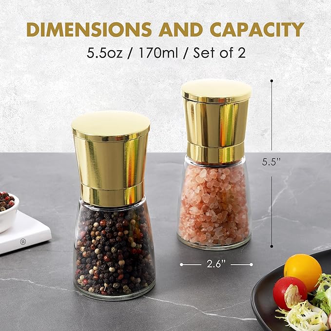 vzaahu Golden Salt and Pepper Grinders with Funnel, Brush - Adjustable Coarseness Shiny Gold Cap Seasalt Peppermill Set Refillable with Magnetic Lid, for Modern, Kitchen Decoration Gift - Image 2