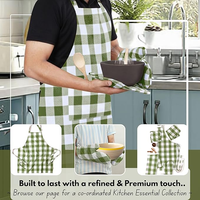 Native Fab Buffalo Plaid Check Oven Mitts and Pot Holders Set of 4, 100% Cotton Heat Resistant Kitchen Gloves, 2 Oven Mitts (7x13), 2 Pot Holders (8x8) for Cooking & Baking, Mint Green White - Image 2