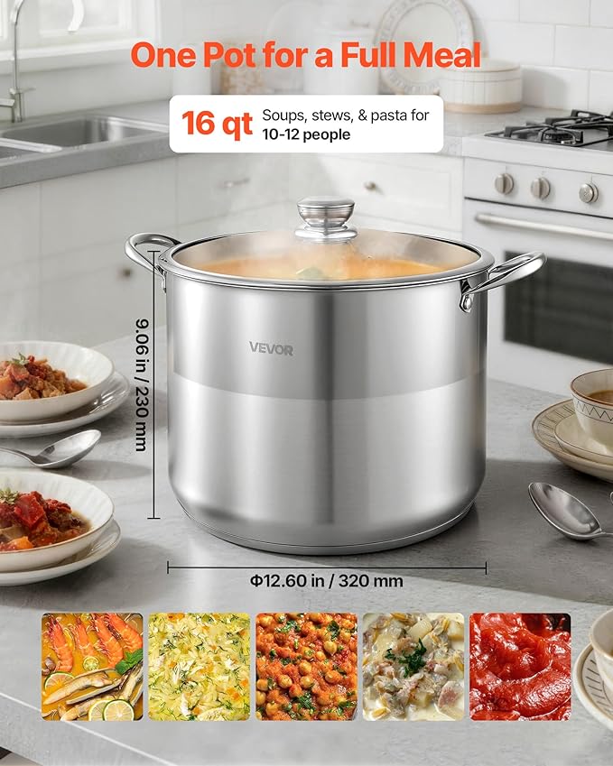 VEVOR Stainless Steel Stock Pot, 16QT Stainless Steel Stockpot with Glass Lid, PFOA-Free, PFAS-Free, Compatible with Gas Stoves, Induction Cooktops, Electric Stoves, for Soups, Stews, and Pasta - Image 5