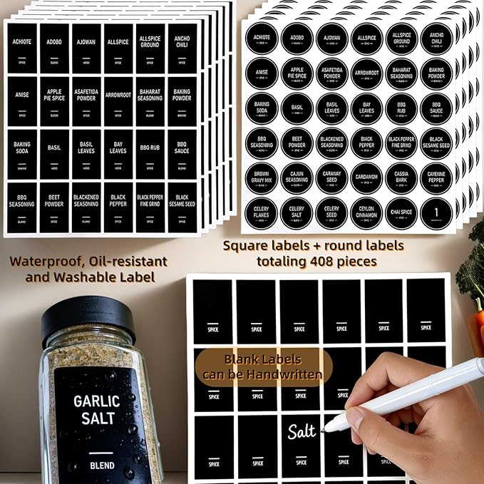 Spice Jars with Labels - 24 Glass Spice with Shaker Lids & Airtight Plastic Caps - 4oz Complete Seasoning Containers Organizer Set for Cabinet, Drawer & Rack (Black) - Image 5