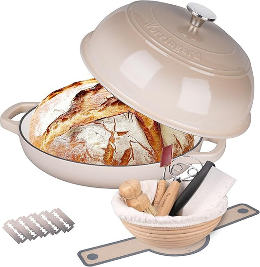 VORRINGARD Enameled Cast Iron Dutch Oven Pot with Lid, Bread Oven for Sourdough Bread Baking, Dutch Ovens with Bread Proofing Basket& Baking Supplies Set, 6 Quart, Latte