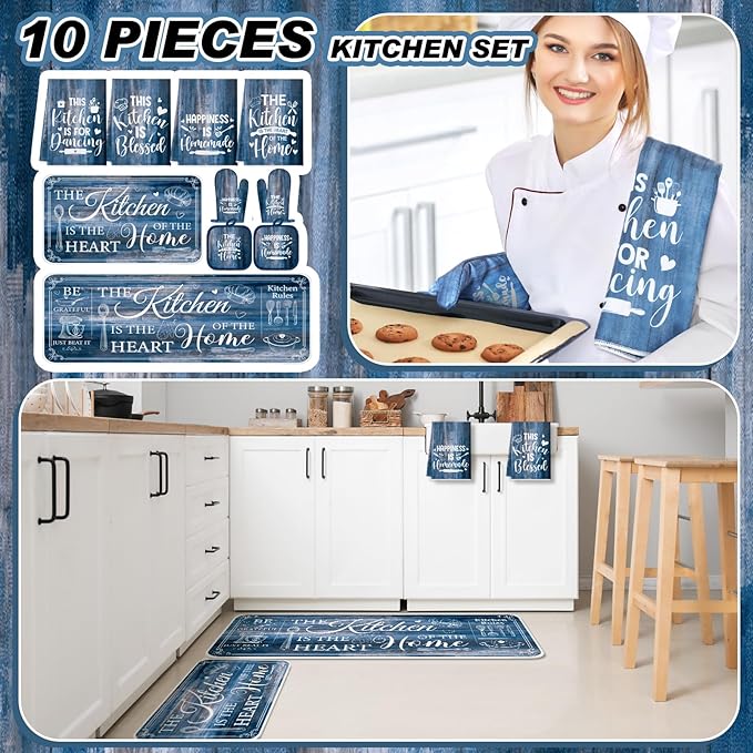 Fourluoo 10 Pcs Farmhouse Kitchen Decor and Accessories Set 4 Kitchen Towels 2 Pot Holders 2 Oven Mitts 2 Rugs for Cooking Baking Mom Housewarming Gifts(Blue,Classic Style) - Image 2