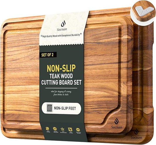 2 Pack Teak Cutting Board for Kitchen Wooden Chopping Board Charcuterie Board Non Slip Over Sink NOT Bamboo Stainless Steel Titanium Acrylic Acacia Olive Glass Plastic Silicone Metal by Socisen