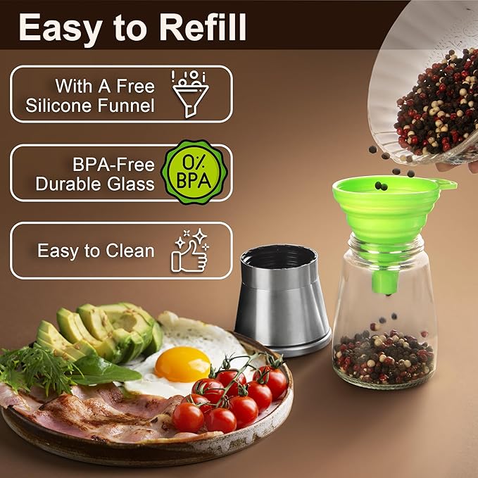 Premium Stainless Steel Salt and Pepper Grinder Set of 4 - Adjustable Ceramic Sea Salt Grinder & Pepper Grinder - Glass Salt and Pepper Shakers - Pepper Mill & Salt Mill W/Funnel - Image 5