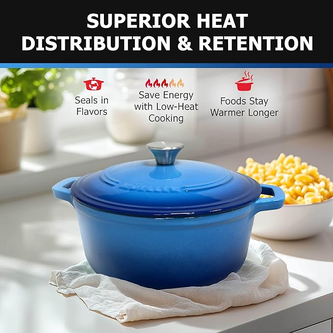 MUELLER HOME 7.5 QT Enameled Cast Iron Dutch Oven, Heavy-Duty Casserole Dish and Braiser Pan with Lid and Stainless Knob, Oven-Safe up to 500° F & Across All Cooktops, Aqua Blue - Image 3
