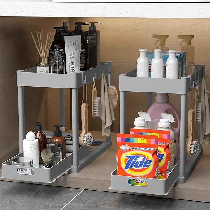 2PC Under Sink Organizer Rack 2 Tier Under Sliding Cabinet Basket Organizer Drawer with 4 Hooks, Multi-purpose Under Sink Storage for Bathroom Kitchen Desktop（Grey） - Image 8