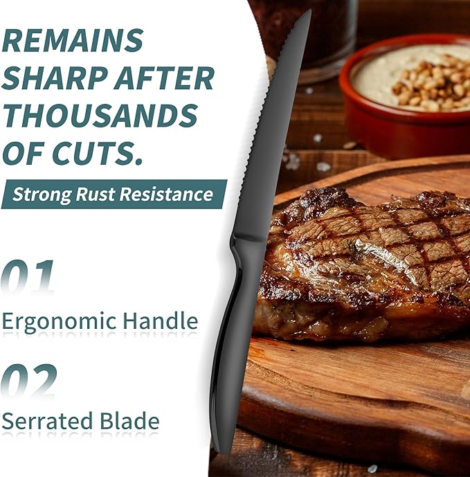 SuperCook Black Steak Knives Set of 8, Steak Knives Dishwasher Safe, Knife Set Steak Knife Set, Stainless Steel Knives, Serrated