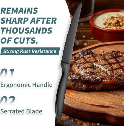 SuperCook Black Steak Knives of 12, High End Stainless Steel Steak Knives Set of 12, Dishwasher Safe Steak Knive, Serrated