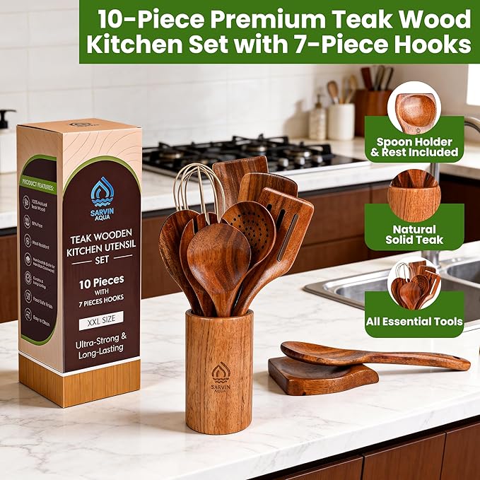 Teak Wooden Utensil Set 10 Piece, Kitchen Cooking Utensils with Holder and Hanging Hooks, Wooden Spoons and Spatulas for Cooking, Sturdy and Lightweight, Heat-Resistant Non-Stick Cookware