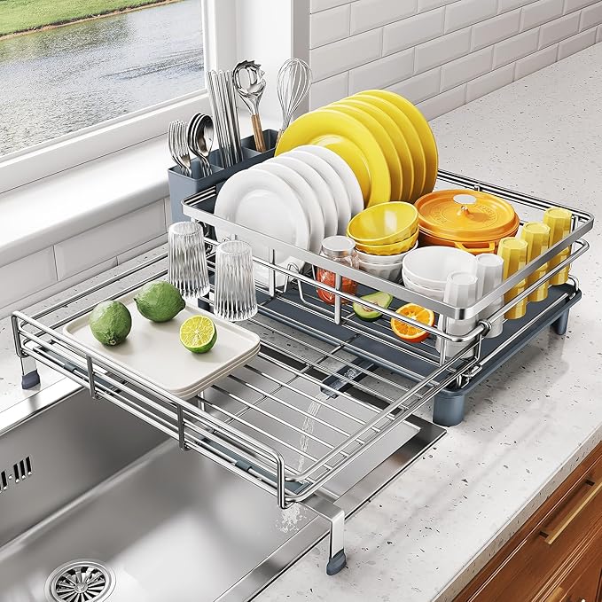 SNTD Dish Drying Rack - Extendable Dish Rack, Large Sink Drying Dish Drainer for Kitchen Counter, Stainless Steel Dish Strainer with Utensil Holder (Silver) by SNTD