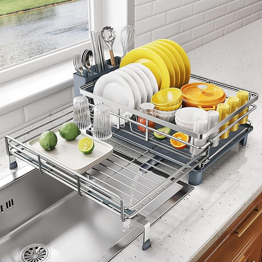 SNTD Dish Drying Rack - Extendable Dish Rack, Large Sink Drying Dish Drainer for Kitchen Counter, Stainless Steel Dish Strainer with Utensil Holder (Silver) by SNTD