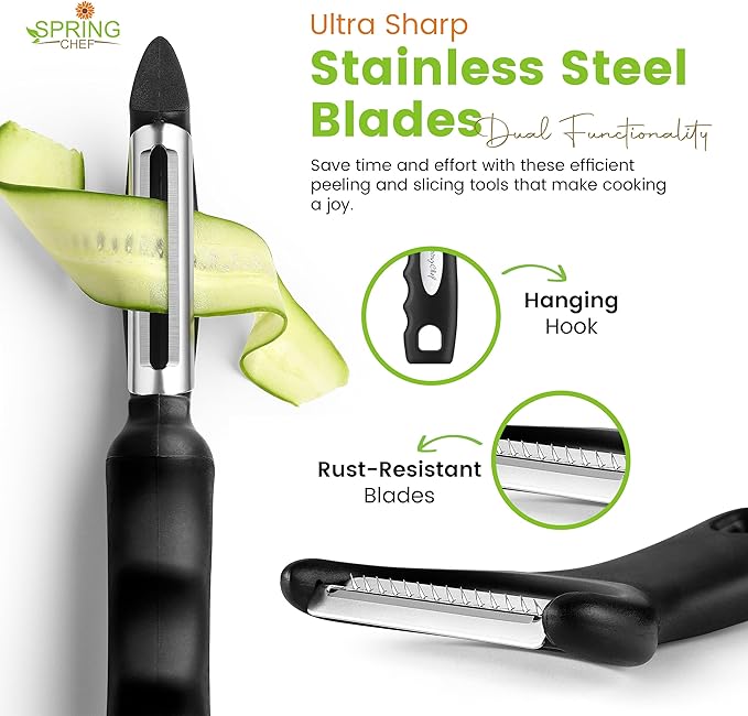 Spring Chef Swivel & Vegetable Julienne Peeler Set for Kitchen with Stainless Steel Sharp Blades - Potato Peelers with Soft Grip Handles & Blade Covers - Perfect for Carrot, Zucchini, Cucumber - Black - Image 5