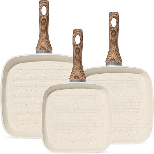 3 Pcs Pots and Pans Set, Nonstick & Non-Toxic Healthy Pots and Pans with Wooden Handle, Durable Skillet Indoor & Outdoor Use, All Stovetops Compatible, PFOA Free, White