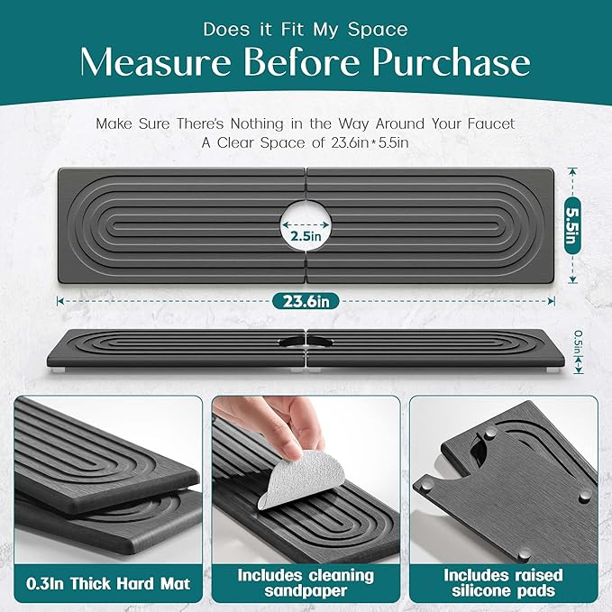 Large Faucet Mat for Kitchen Sink - Stone Drying Mat for Kitchen Counter, Diatomite Fast Drying Stone Sink Tray, Super Absorbent, Stylish Decor and Protector for Bathroom (Dark Grey, 23.6" x 5.5") - Image 2