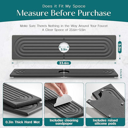 Large Faucet Mat for Kitchen Sink - Stone Drying Mat for Kitchen Counter, Diatomite Fast Drying Stone Sink Tray, Super Absorbent, Stylish Decor and Protector for Bathroom (Dark Grey, 23.6" x 5.5") - Image 2
