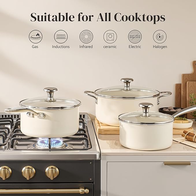 Redchef Cooking Pot Set Induction 5Qt, Saucepan Set 2.5/3.5Qt Nonstick Ceramic Cookware Set, Compatible All Cooktops, Even Heat, Stay-Cool Handles, Oven/Dishwasher Safe, PTFE PFAS Free (Beige) - Image 8