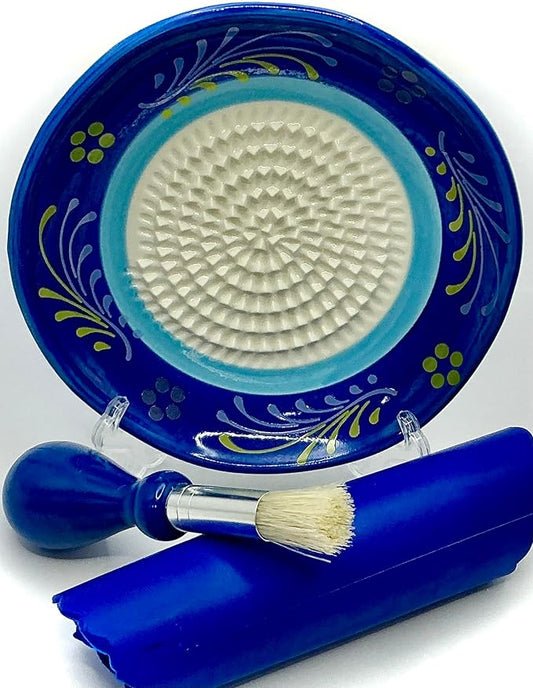 BonCera, All-in-one Premium Ceramic Garlic Grater Plate 4-Piece Set - Double Blue Circle Flower Design - For Garlic, Ginger, Chocolate, and more! - Comes with 5" Plate, Peeler, Brush, and Stand