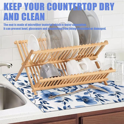Blue Floral Dish Drying Mat for Kitchen Counter Flower Leaves Drying Pad Absorbent Reversible Dish Drainer Rack Mats Draining Pad 18"x24"Inch - Image 5